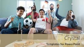  Presentation with beer bottle - PPT theme consisting of multiracial-male-friends-screaming background and a coral colored foreground