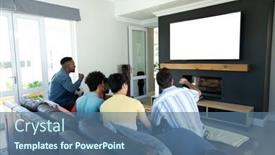  Presentation with living room - PPT layouts having multiracial-male-friends-watching-tv background and a ocean colored foreground