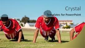  Presentation with soccer fitness - PPT theme enhanced with multiracial-male-players-in-red background and a light blue colored foreground