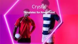  Presentation with hexagon - Slide deck enhanced with multiracial-male-rugby-opponents-looking background and a purple colored foreground