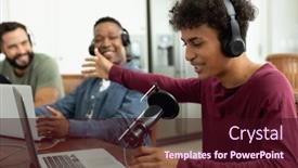 Presentation with broadcasting - Slide deck featuring multiracial-man-gesturing-and-recording background and a wine colored foreground