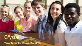  Presentation with university - Slide deck enhanced with multiracial people - group of university students studying background and a tawny brown colored foreground