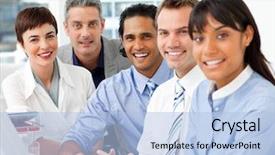  Presentation with team work - Presentation having multiracial people - portrait of multi-ethnic business team background and a light blue colored foreground