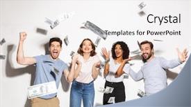  Presentation with community service happy volunteer group - Audience pleasing presentation design consisting of multiracial people standing under money backdrop and a white colored foreground