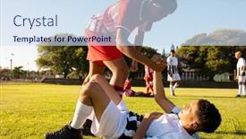  Presentation with green soccer field sport - PPT theme with multiracial-player-giving-hand background and a sky blue colored foreground