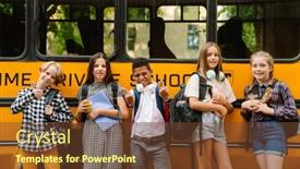  Presentation with school bus - Presentation theme featuring multiracial-pupils-smiling-while-standing background and a  colored foreground