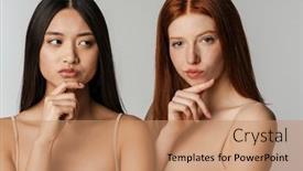  Presentation with two black women - PPT theme featuring multiracial-puzzled-two-women-thinking background and a coral colored foreground