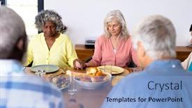  Presentation with hands holding - Presentation design with multiracial-senior-friends-holding-hands background and a light blue colored foreground