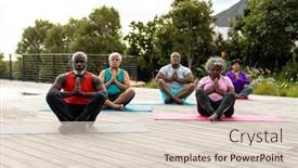 Presentation with assisted living - Slide set with multiracial-senior-friends-meditating background and a lemonade colored foreground
