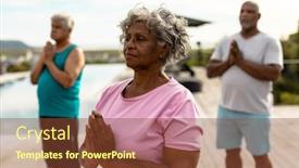  Presentation with assisted living - Slide set with multiracial-senior-friends-meditating background and a tawny brown colored foreground