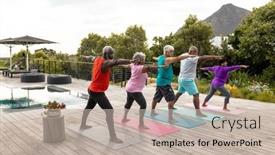  Presentation with assisted living - Theme enhanced with multiracial-senior-friends-practicing-warrior background and a mint green colored foreground