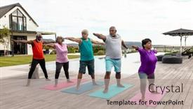  Presentation with assisted living - Theme with multiracial-senior-friends-practicing-warrior background and a light gray colored foreground