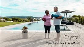  Presentation with assisted living - Presentation theme having multiracial-senior-friends-with-exercise background and a light gray colored foreground