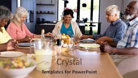  Presentation with grace - Slide set featuring multiracial-senior-friends-with-food background and a coral colored foreground