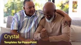  Presentation with assisted living - Slides featuring multiracial-senior-man-consoling-male background and a  colored foreground