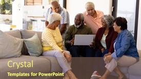  Presentation with assisted living - Theme featuring multiracial-senior-man-holding-laptop background and a violet colored foreground