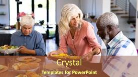  Presentation with assisted living - Presentation featuring multiracial-senior-woman-serving-food background and a tawny brown colored foreground