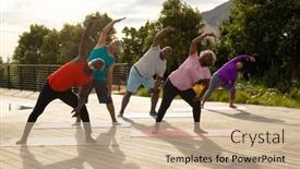  Presentation with assisted living - PPT theme featuring multiracial-seniors-exercising-on-mats background and a coral colored foreground