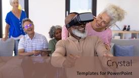  Presentation with assisted living - Slide set having multiracial-seniors-looking-at-friend background and a violet colored foreground