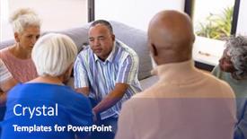  Presentation with assisted living - PPT theme with multiracial-seniors-looking-at-friends background and a navy blue colored foreground