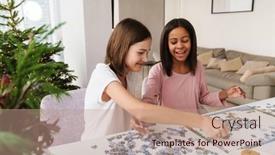 Presentation with puzzle - Presentation design enhanced with multiracial-sisters-laughing-while-doing background and a coral colored foreground