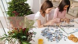  Presentation with puzzle - Slide set consisting of multiracial-sisters-talking-and-doing and a coral colored foreground