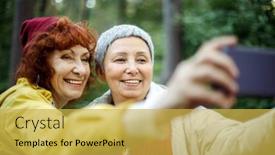  Presentation with trekking - Theme having multiracial-smiling-elderly-women-having background and a yellow colored foreground
