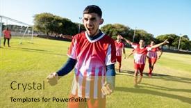  Presentation with team achievement - Theme featuring multiracial-soccer-team-running-towards background and a yellow colored foreground