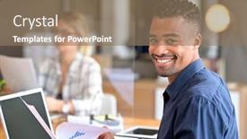  Presentation with staff - Slide deck consisting of multiracial-staff-at-work background and a coral colored foreground