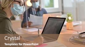  Presentation with cowork - Cool new PPT theme with multiracial-staff-at-work backdrop and a coral colored foreground