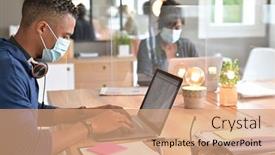  Presentation with cowork - Slide set with multiracial-staff-at-work background and a coral colored foreground