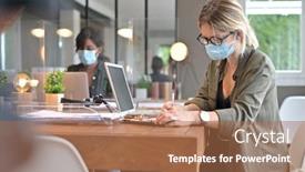  Presentation with cowork - Cool new PPT theme with multiracial-staff-at-work backdrop and a coral colored foreground