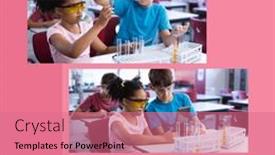  Presentation with chemical experiment - Presentation theme having multiracial-students-studying-chemical-experiment background and a coral colored foreground