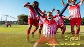  Presentation with team achievement - PPT theme consisting of multiracial-team-with-arms-raised background and a tawny brown colored foreground