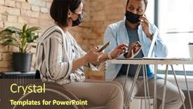  Presentation with happy sad mask face - Presentation theme with multiracial-two-colleagues-in-face background and a tawny brown colored foreground