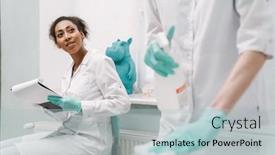  Presentation with working together - Presentation theme enhanced with multiracial-two-dentists-working-together background and a light blue colored foreground