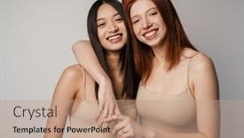  Presentation with women - Amazing presentation design having multiracial-two-women-hugging backdrop and a coral colored foreground