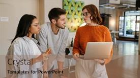  Presentation with project - PPT theme enhanced with multiracial-young-colleagues-discussing-project background and a coral colored foreground