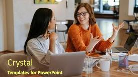  Presentation with project - Presentation design consisting of multiracial-young-colleagues-discussing-project background and a tawny brown colored foreground