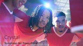  Presentation with strategy plan - Presentation design featuring multiracial-young-male-players-huddling background and a coral colored foreground