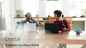  Presentation with broadcasting media - Presentation theme with multiracial-young-male-workers-wearing background and a soft green colored foreground