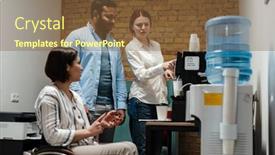  Presentation with three - Colorful PPT layouts enhanced with multiracial-young-three-colleagues-making backdrop and a tawny brown colored foreground