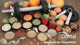  Presentation with body building - Colorful slide set enhanced with multivitamin - body building dumbbells and hand backdrop and a coral colored foreground