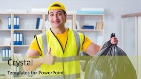  Presentation with office cleaning - PPT theme having muncipal waste - man cleaning the office background and a yellow colored foreground