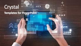  Presentation with holding hands - Colorful theme enhanced with mundial economy - caucasian business hands holding tablet backdrop and a tawny brown colored foreground