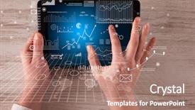  Presentation with hands holding black tablet - Cool new PPT layouts with mundial economy - caucasian business hands holding tablet backdrop and a  colored foreground