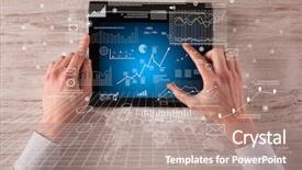  Presentation with hands holding black tablet - Slide deck featuring mundial economy - caucasian business hands holding tablet background and a  colored foreground