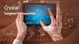  Presentation with hands holding black tablet - Beautiful PPT layouts featuring mundial economy - caucasian business hands holding tablet backdrop and a  colored foreground