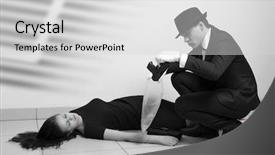  Presentation with detective - Cool new presentation theme with murder mystery - detective investigating the crime scene backdrop and a light gray colored foreground