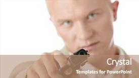  Presentation with young man holdng laptop on lap money - Colorful slides enhanced with murder mystery - young caucasian blond man aiming backdrop and a coral colored foreground